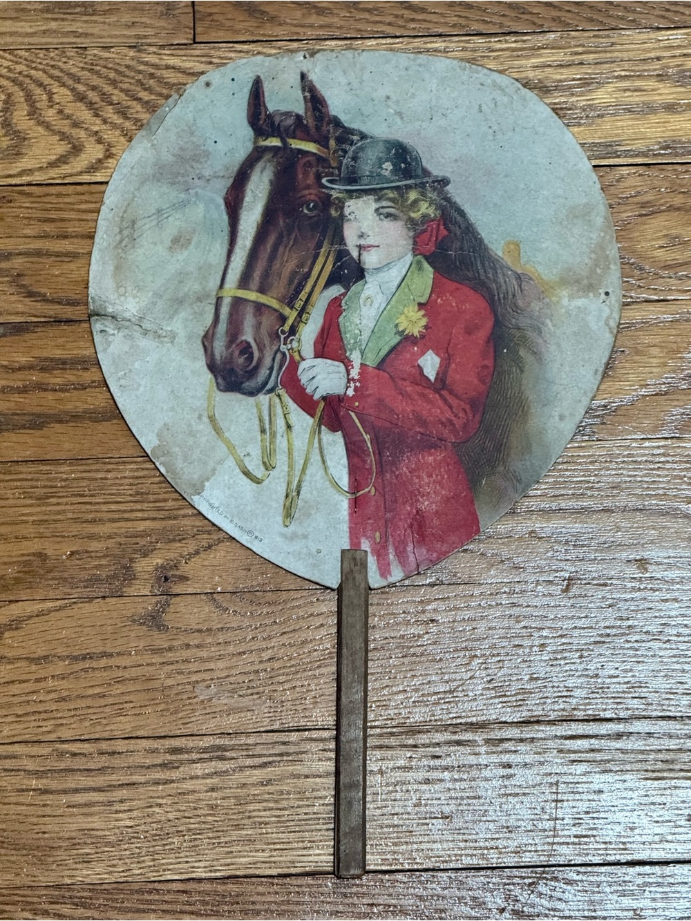 VTG Cardboard Fan with a Lady & Horse with Reverse Side Piano Co. Advertising